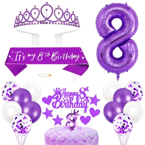 8. Geburtstagsdeko Mädchen Geburtstag Prinzessin Krone Königin Tiara Geburtstag Schärpe 8th Geburtstag Kuchen Toppers Zahl Kerzen Ballons Dekoration Set für 8 Jahre Alte Geburtstagsparty Zubehör von Xihuimay