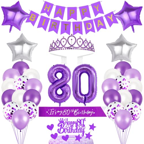 80. Geburtstagsdeko Mädchen Geburtstag Prinzessin Krone Geburtstag Schärpe Happy Birthday Banner 80th Geburtstag Kuchen Toppers Zahl Ballons Dekoration Set für 80 Jahre Alte Geburtstagsparty Zubehör von Xihuimay