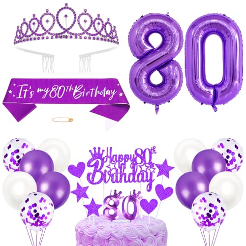 80. Geburtstagsdeko Mädchen Geburtstag Prinzessin Krone Königin Tiara Geburtstag Schärpe 80th Geburtstag Kuchen Toppers Zahl Kerzen Ballons Dekoration Set für 80 Jahre Alte Geburtstagsparty Zubehör von Xihuimay