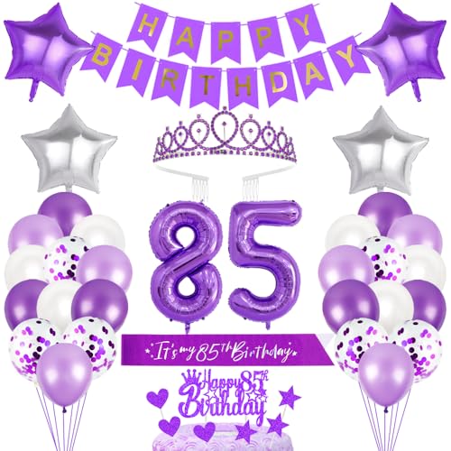 85. Geburtstagsdeko Mädchen Geburtstag Prinzessin Krone Geburtstag Schärpe Happy Birthday Banner 85th Geburtstag Kuchen Toppers Zahl Ballons Dekoration Set für 85 Jahre Alte Geburtstagsparty Zubehör von Xihuimay