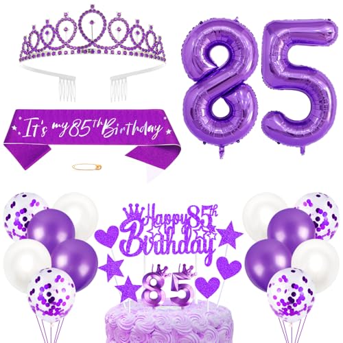 85. Geburtstagsdeko Mädchen Geburtstag Prinzessin Krone Königin Tiara Geburtstag Schärpe 85th Geburtstag Kuchen Toppers Zahl Kerzen Ballons Dekoration Set für 85 Jahre Alte Geburtstagsparty Zubehör von Xihuimay