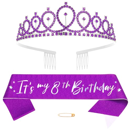 8th Geburtstags Krone und Schärpe Mädchen 8. Geburtstag Deko Strass Geburtstag Tiara Prinzessin Krone Kristall Queen Tiara Geburtstagsschärpe Girls 8th Geburtstag Dekoration Party Kleidung Zubehör von Xihuimay