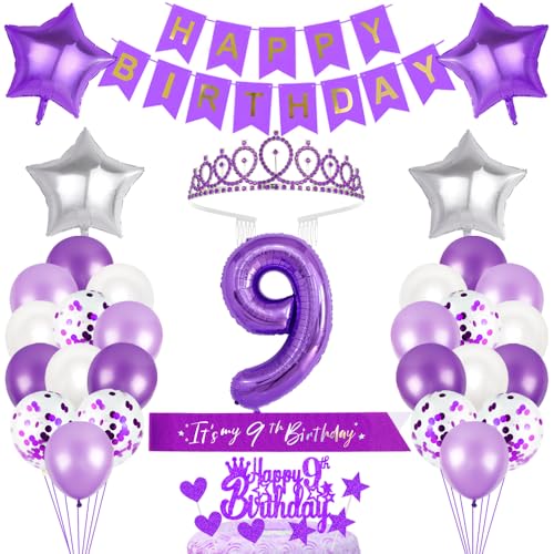 9. Geburtstagsdeko Mädchen Geburtstag Prinzessin Krone Geburtstag Schärpe Happy Birthday Banner 9th Geburtstag Kuchen Toppers Zahl Ballons Dekoration Set für 9 Jahre Alte Geburtstagsparty Zubehör von Xihuimay