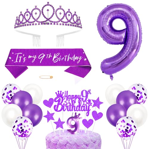 9. Geburtstagsdeko Mädchen Geburtstag Prinzessin Krone Königin Tiara Geburtstag Schärpe 9th Geburtstag Kuchen Toppers Zahl Kerzen Ballons Dekoration Set für 9 Jahre Alte Geburtstagsparty Zubehör von Xihuimay