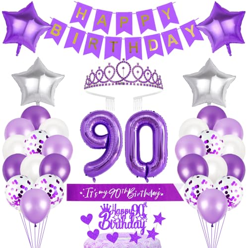 90. Geburtstagsdeko Mädchen Geburtstag Prinzessin Krone Geburtstag Schärpe Happy Birthday Banner 90th Geburtstag Kuchen Toppers Zahl Ballons Dekoration Set für 90 Jahre Alte Geburtstagsparty Zubehör von Xihuimay