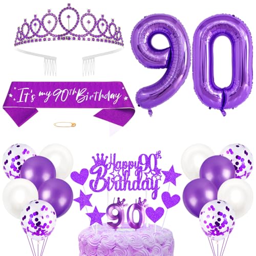 90. Geburtstagsdeko Mädchen Geburtstag Prinzessin Krone Königin Tiara Geburtstag Schärpe 90th Geburtstag Kuchen Toppers Zahl Kerzen Ballons Dekoration Set für 90 Jahre Alte Geburtstagsparty Zubehör von Xihuimay