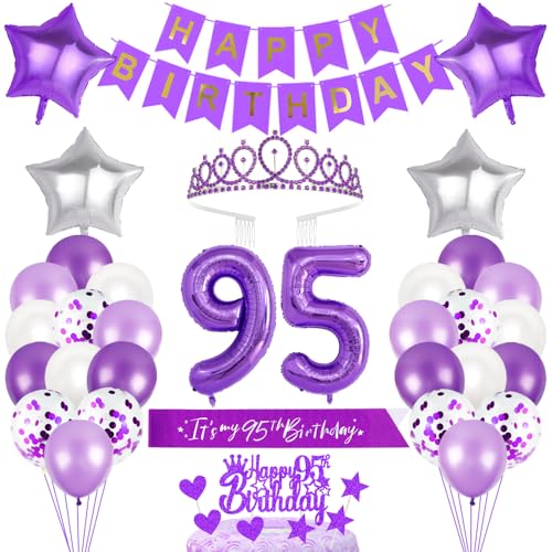 95. Geburtstagsdeko Mädchen Geburtstag Prinzessin Krone Geburtstag Schärpe Happy Birthday Banner 95th Geburtstag Kuchen Toppers Zahl Ballons Dekoration Set für 95 Jahre Alte Geburtstagsparty Zubehör von Xihuimay