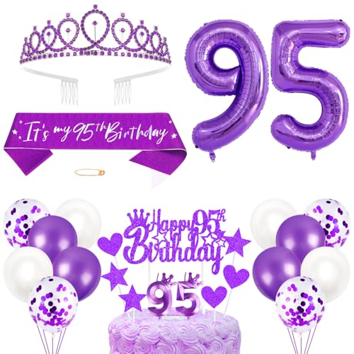 95. Geburtstagsdeko Mädchen Geburtstag Prinzessin Krone Königin Tiara Geburtstag Schärpe 95th Geburtstag Kuchen Toppers Zahl Kerzen Ballons Dekoration Set für 95 Jahre Alte Geburtstagsparty Zubehör von Xihuimay