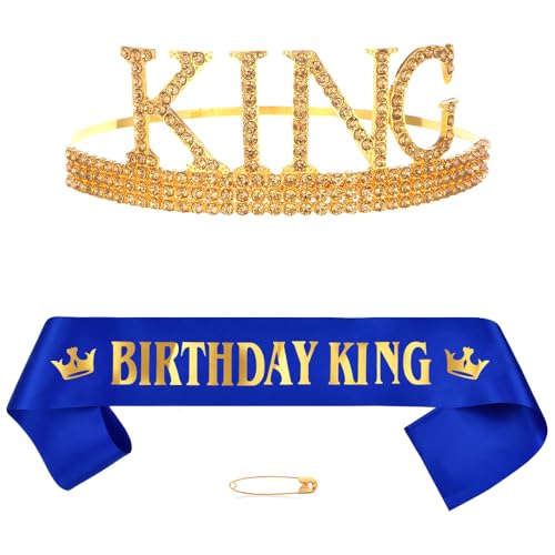 Blau Gold Geburtstags Krone Schärpe Männer Herren Geburtstag Deko Strass Geburtstag Tiara König Krone Kristall King Tiara Geburtstagsschärpe Vater Geburtstag Dekoration Party Kleidung Zubehör von Xihuimay