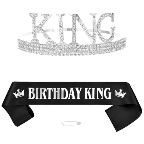 Schwarz Silber Geburtstags Krone Schärpe Männer Herren Geburtstag Deko Strass Geburtstag Tiara König Krone Kristall King Tiara Geburtstagsschärpe Vater Geburtstag Dekoration Party Kleidung Zubehör von Xihuimay