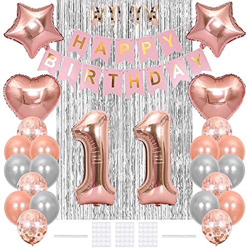 Xihuimay 11. Geburtstag Feier Dekoration 32" Nummer 11 Luftballon Alles Gute Zum Geburtstag Banner Heliumballon Konfetti Latexballon Stern Herz Folie Ballon Lametta Vorhang für Mädchen, Roségold von Xihuimay