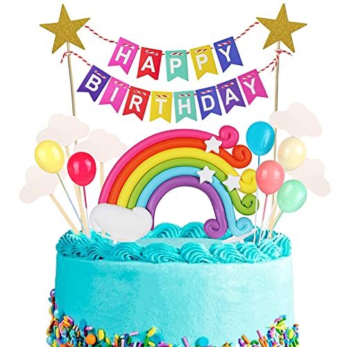 Xihuimay Kuchen Topper Happy Birthday Tortendeko Kuchendeko Kuchendeckel Geburtstag Torten Dekoration Wimpelkette Bunte Flagge Rainbow Ballon Wolke Sterne Tortenzubehör für Mädchen Junge Kinder Taufe von Xihuimay