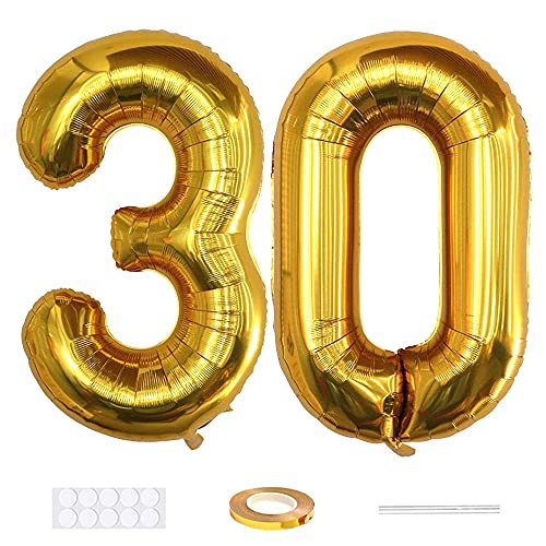 Xihuimay 40" Nummer 30 Folienballon Zahl 30 Luftballon Ziffer 30. Geburtstag Ballon 100cm Riesen Ballons Luft oder Helium Digitaler Ballon für Mädchen Junge Jubiläum Feierliche Anlässe, Golden XXL von Xihuimay