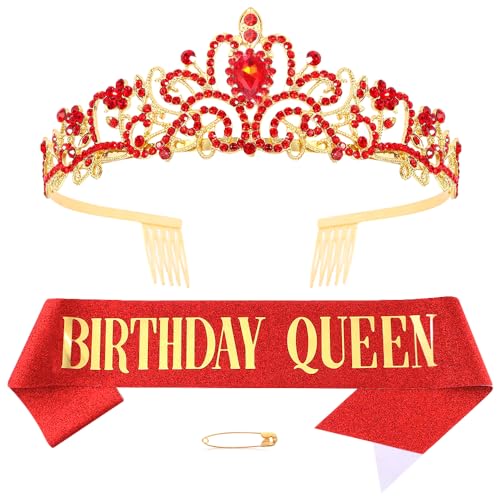 Xihuimay Rot Geburtstags Krone Schärpe Mädchen Damen Geburtstag Deko Strass Geburtstag Tiara Prinzessin Krone Kristall Queen Tiara Geburtstagsschärpe Geburtstag Dekoration Party Kleidung Zubehör von Xihuimay