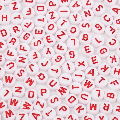 600 Stück Acryl-Buchstabenperlen Alphabet rote Buchstaben weiße runde Perlen, 4 x 7 mm, für Freundschaftsbänder und Geschenke, Souvenir-Schmuckherstellung von Xilitata