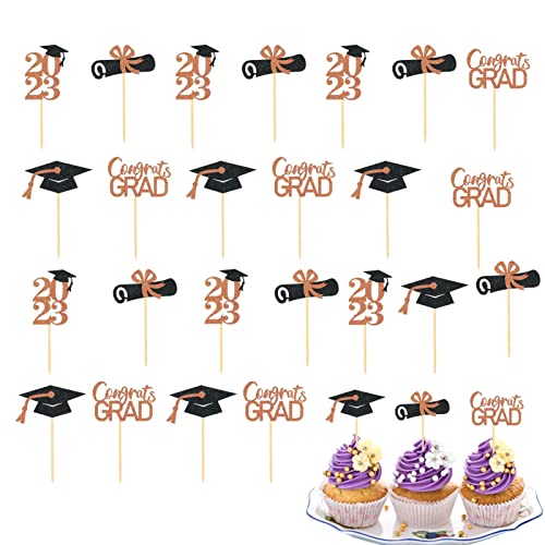 Ximan 2023 Cupcake-Toppers | 24 Cupcake-Dekorationen zum Abschluss der Klasse 2023 - Auswahl für Kuchen, Party, Abschlussfeier, Abschlusskappen mit Glitzer, Verzierungen von Ximan