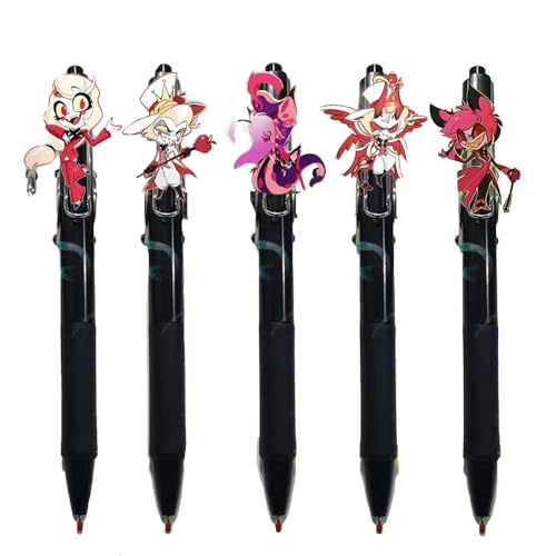 Xinchangda Hazbin Hotel Gelschreiber Anime Alastor/Angel Dust/Vaggie 0,5 mm einziehbare Gelschreiber, 5-teiliges Set, Kugelschreiber, Anime, schwarze Gelstifte für Studenten von Xinchangda