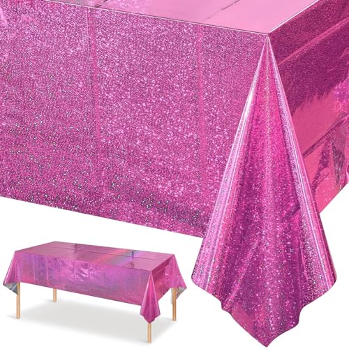 Xinfin Rosa Party Tischdecke, Glitzer Plastik Einweg Geburtstag Tischdecke, Hot Pinke Folientischdecke Wasserdicht Tischtuch für Kinder Geburtstag Hochzeit Picknick Party Dekoration von Xinfin