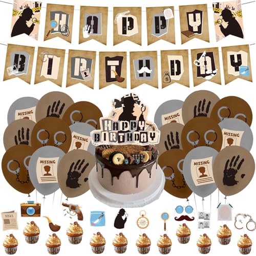 Xinfin Detective Kindergeburtstag Deko Set, 32 Stück Detective Party Zubehör beinhaltet Banner Kuchen Topper Cupcake Toppers Ballons für Junge Mädchen Escape Spiel Detective Party von Xinfin