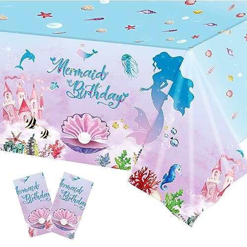 Xinfin Meerjungfrau Party Tischdecken 130x220cm Geburtstag Tischtuch Wasserdicht Kunststoff Tischdecken Party Dekorationen Partyzubehör für Geburtstag Hochzeit Party (2PCS, Meerjungfrau A) von Xinfin