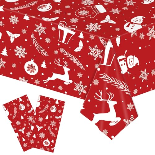 Xinfin Weihnachts Tischdecke, 137x274cm Plastik Tischdecke Rechteckige Weihnachtstischdecke Einweg Party Tischtuch für Esstisch Weihnachts Party Abendessen Tischdeko (Style F, 2PCS) von Xinfin