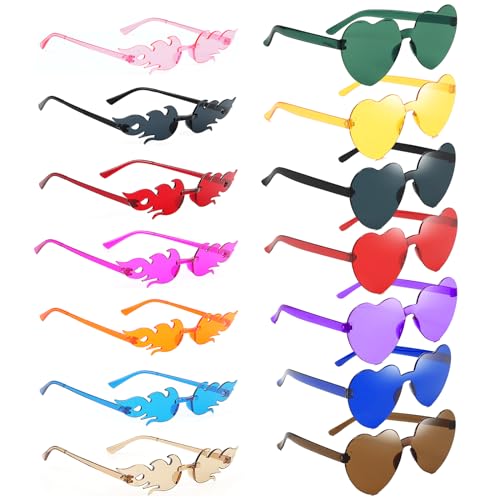 Xingsky Karneval Brille Lustig, Bunte Sonnenbrille 14 Stück Sonnenbrillen Set, Herz| Flammen Sonnenbrille, Bunte Brillen Party für Fasching Foto Requisiten Geburtstagsfeier für Kinder und Erwachsene von Xingsky