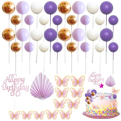 53 Stück Bälle als Tortenaufsatz-Dekoration, XingyLi lila-goldene Mini-Ballons, Cupcake-Topper mit Palme, Schmetterling und Happy Birthday Kucheneinsatz, Schaumstoffbälle als Tortenaufsatz von XingyLi