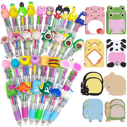 XingyLi 48 Stück 4-in-1 Kugelschreiber Set, 4 Farben Versenkbare Mini Mehrfarbig Stifte mit 16 Haftnotizen in Tierform, Kreativer Süße Cartoon-Stift Druckkugelschreiber für Büro Schulbedarf Geschenk von XingyLi