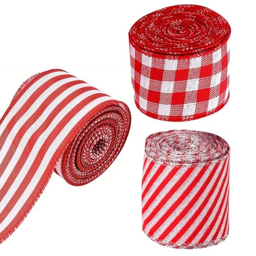 Weihnachtsband mit Draht – festliches Sackleinenband, dekoratives Sackleinenband | 3 Rollen Sackleinenband für Weihnachtsbäume, Geschenkbänder für Süßigkeiten, insgesamt 15 Yards, Dekoband aus Sacklei von Xinhuju