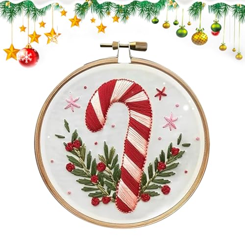 Xinhuju Weihnachtsstickerei-Vorlagen, Weihnachtsstickerei-Sets für Erwachsene | Weihnachtsstickerei-Set für Anfänger | Candy Cane Weihnachten Stickset für Anfänger und Erwachsene von Xinhuju