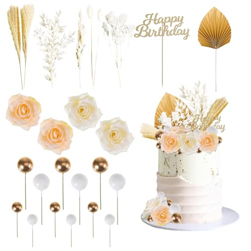 25 Stück Rose Gold Kuchen Dekorationen Happy Birthday Cake Topper Gold Palm Topper Weiß und Gold Kuchen Kugeln Getrocknete Blumen für Geburtstagskuchen Boho Kuchen Dekor von Xinjieda