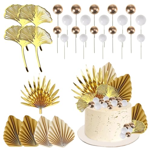 Xinjieda 29 Stück Champagner Rose Kuchen Dekoration Kuchen Dekoration Gold Palmblätter Happy Birthday Cake Topper Böhmische Kuchen Dekoration Gold Palm Cake Topper mit Weiß und Gold Kuchen Kugeln von Xinjieda