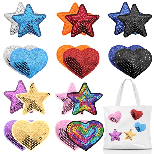 20 Stück Glitzer Sterne Flicken zum Aufbügeln Herz Aufbügler Kinder Aufbügelbilder Bestickte Aufnäher Stern Patches Bunte Bügelflicken für Textilien für DIY Kleidung Hosen Jeans Hüte von Xinjoduz