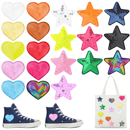 20 Stück Sterne zum Aufbügeln Glitzer Herz Bügelbilder Schmelzkleber Aufbügler Stern Patches Herzen Flicken zum Aufnähen Kinder Pailletten für Hut Jacke Jeans Rucksäcke DIY Dekoration Kleidung von Xinjoduz