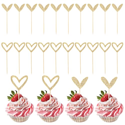 24 Stück Cupcake Deko Gold Glitter Herz Cupcake Topper Tortendeko Nettes Design Herzen Muffin Deko für Goldene Hochzeit Braut Jubiläum Geburtstag Party Dekorationen Lieferungen von Xinjoduz