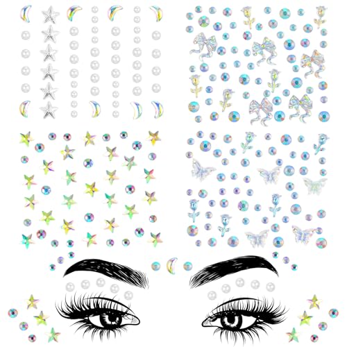 Sticker Glitzer 4 Stück Glitzersteine Gesicht Festival Gesichts Steinchen Steine Gesicht Selbstklebend Selbstklebende Kristall Aufkleber Temporäre Edelstein Schleife Nail Art Deko Für Party von Xinjoduz