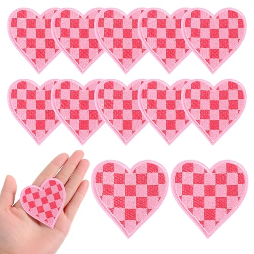 10 Stück Aufnäher zum Aufbügeln Herzen Bestickte Aufnäher Rosa Kariert Flicken Bügelpatch Mädchen Bügelflicken Kinder Stickerei Patches Aufbügelflicken für Kleidung Hut Jeans Jacken Rucksäcke Zubehör von Xinjoduz