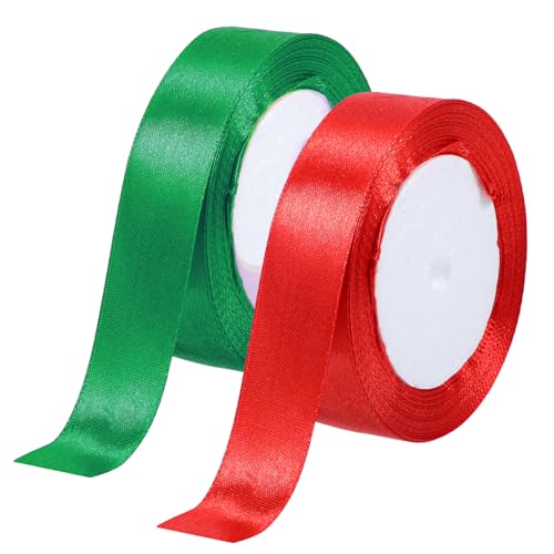 Weihnachten Satinband 2 Bände Geschenkband Breit Rot und Grün 25mm X 22M Polyester Schleifenband Seidenband zum Basteln Geschenkverpackung Dekoration Präsent für Hochzeit Geburtstag Party Taufe von Xinjoduz