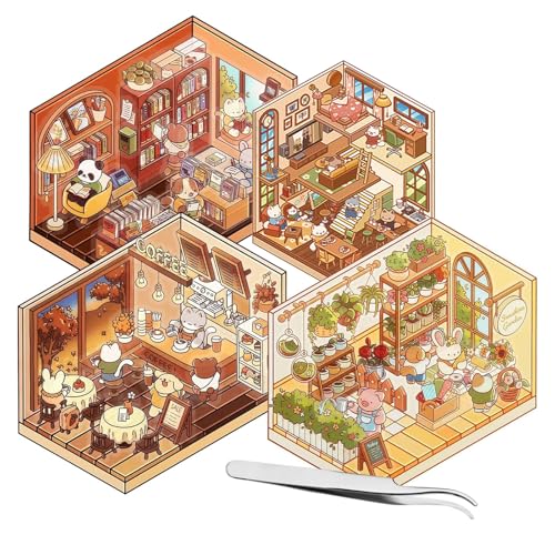 Xinlon 4 Set DIY 3D House Stickers mit Tweezer, Sticker Kinder, Miniatur Haus Cute Stickers DIY Scene Stickers, 3D Sticker Scene, 3D-Cartoon-Miniatur-Szenen-Aufkleber für Kinder, Geschenk für Kinder von Xinlon