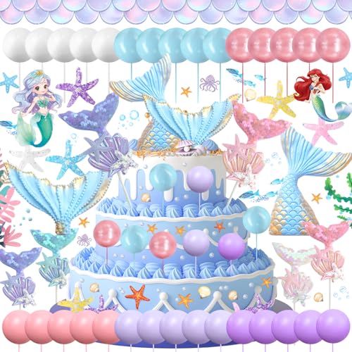 Xinlon 41 Stück Meerjungfrau Tortendeko, Glitzer Mermaid Cake Toppers, Blaue Ball Kuchen Dekoration, Ocean Theme Torten Deko Supplies für Mädchen Frauen Geburtstag Party Dekoration von Xinlon