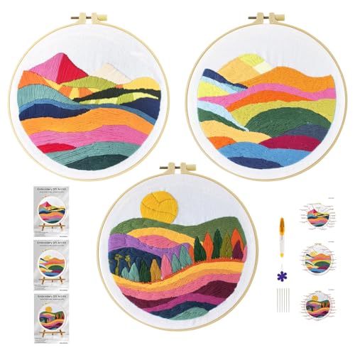 Xinpinzhou 3pcs Berg Landschaft Stickset Sticken Set für Erwachsene Anfänger Embroidery Kit Stickerei Stick Set Stickvorlagen Kreuzstich Vorgedruckt Stickbilder Stickbild Stickpackung Stickvorlage von Xinpinzhou