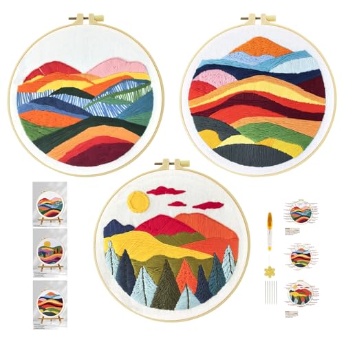 Xinpinzhou 3pcs Berg Landschaft Stickset Sticken Set für Erwachsene Anfänger Embroidery Kit Stickerei Stick Set Stickvorlagen Kreuzstich Vorgedruckt Stickbilder Stickbild Stickpackung Stickvorlage von Xinpinzhou