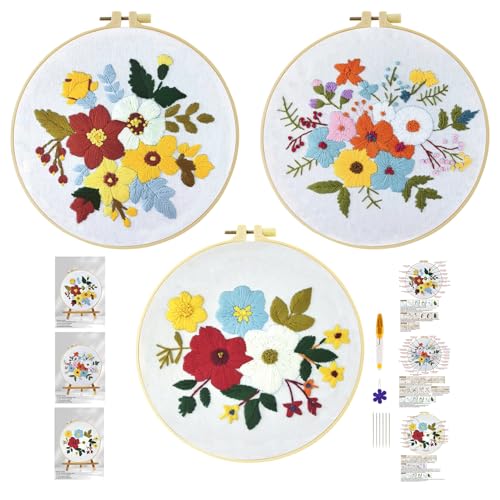 Xinpinzhou 3pcs Blume Stickset Sticken Set für Erwachsene Anfänger Embroidery Kit Stickerei Stick Set Stickvorlagen Kreuzstich Vorgedruckt Stickbilder Stickbild Stickpackung Stickvorlage von Xinpinzhou