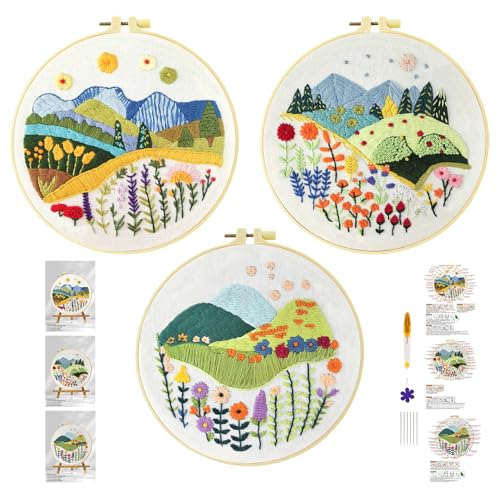 Xinpinzhou 3pcs Blumen Gras Stickset Sticken Set für Erwachsene Anfänger Embroidery Kit Stickerei Stick Set Stickvorlagen Kreuzstich Vorgedruckt Stickbilder Stickbild Stickpackung Stickvorlage von Xinpinzhou