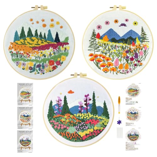 Xinpinzhou 3pcs Blumen Gras Stickset Sticken Set für Erwachsene Anfänger Embroidery Kit Stickerei Stick Set Stickvorlagen Kreuzstich Vorgedruckt Stickbilder Stickbild Stickpackung Stickvorlage von Xinpinzhou