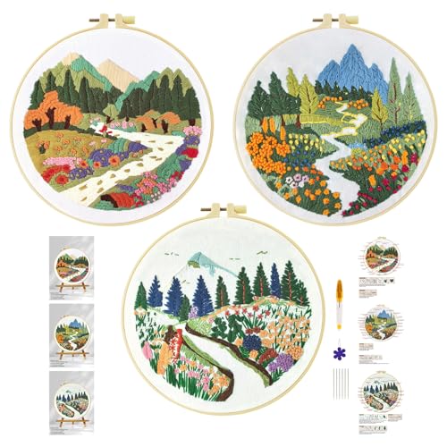 Xinpinzhou 3pcs Blumen Landschaft Stickset Sticken Set für Erwachsene Anfänger Embroidery Kit Stickerei Stick Set Stickvorlagen Kreuzstich Vorgedruckt Stickbilder Stickbild Stickpackung Stickvorlage von Xinpinzhou