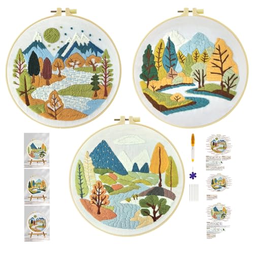 Xinpinzhou 3pcs Flusslandschaft Stickset Sticken Set für Erwachsene Anfänger Embroidery Kit Stickerei Stick Set Stickvorlagen Kreuzstich Vorgedruckt Stickbilder Stickbild Stickpackung Stickvorlage von Xinpinzhou