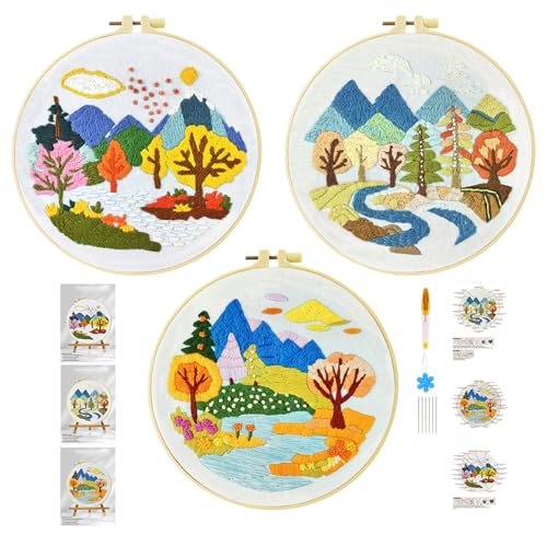 Xinpinzhou 3pcs Flusslandschaft Stickset Sticken Set für Erwachsene Anfänger Embroidery Kit Stickerei Stick Set Stickvorlagen Kreuzstich Vorgedruckt Stickbilder Stickbild Stickpackung Stickvorlage von Xinpinzhou