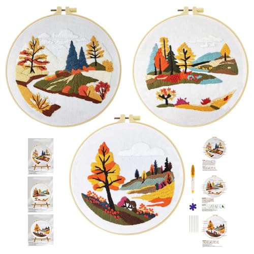 Xinpinzhou 3pcs Flusslandschaft Stickset Sticken Set für Erwachsene Anfänger Embroidery Kit Stickerei Stick Set Stickvorlagen Kreuzstich Vorgedruckt Stickbilder Stickbild Stickpackung Stickvorlage von Xinpinzhou