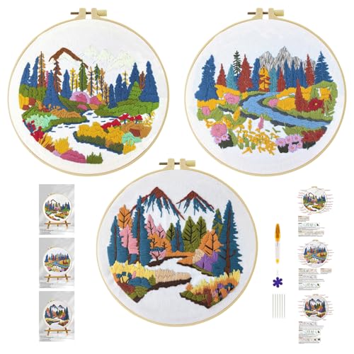 Xinpinzhou 3pcs Herbst Landschaft Stickset Sticken Set für Erwachsene Anfänger Embroidery Kit Stickerei Stick Set Stickvorlagen Kreuzstich Vorgedruckt Stickbilder Stickbild Stickpackung Stickvorlage von Xinpinzhou